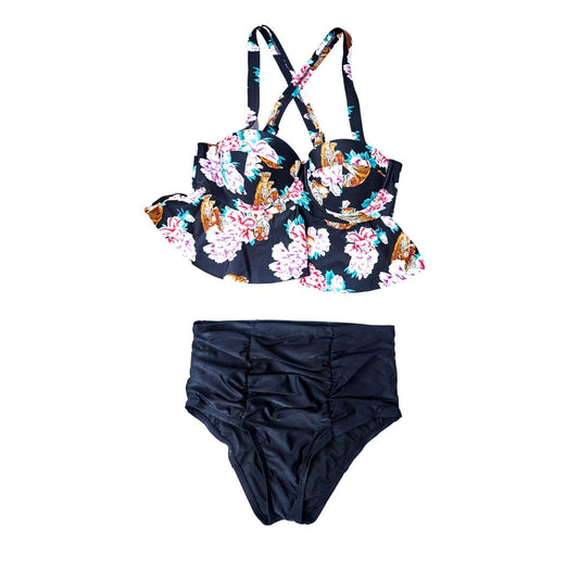Floral Print Tankini Swimsuit with Black Top and Bottoms