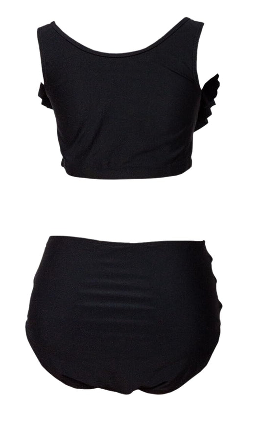 High-Waisted Bikini Set with Ruffled Top and Ladder Cutout Bottoms, Black