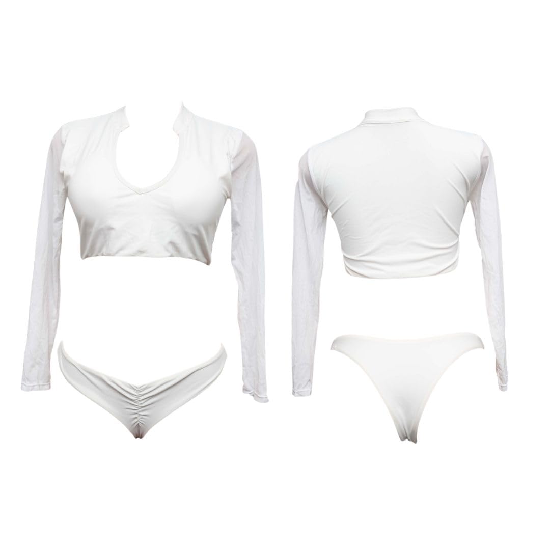 Deep V Plunge Long Sleeve Bikini with Mesh Sleeves, White