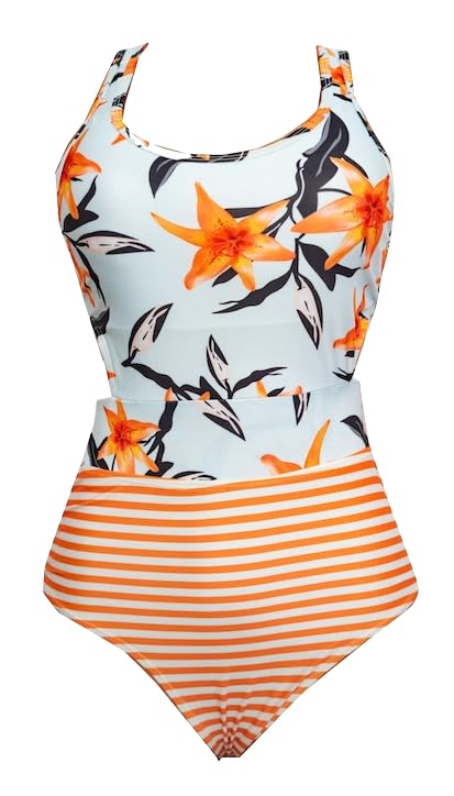 Women's One-Piece Swimsuit, Orange Lily Floral Print with Striped Bottom, Racerback Monokini with Bow Detail