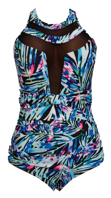 Tropical Print Mesh One-Piece Swimsuit, High Neck Design, Blue and Pink Palm Pattern