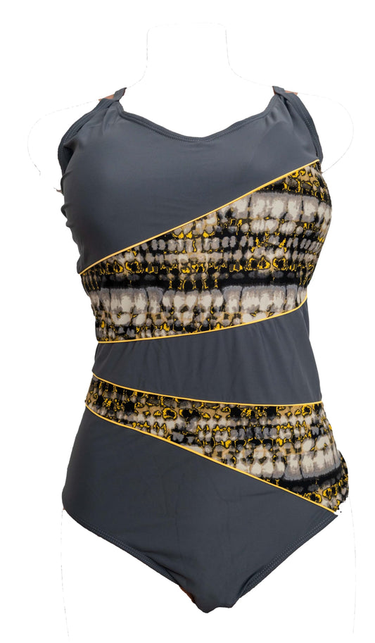 Women's One-Piece Swimsuit, Grey with Gold-Trimmed Marble Pattern, Diagonal Design