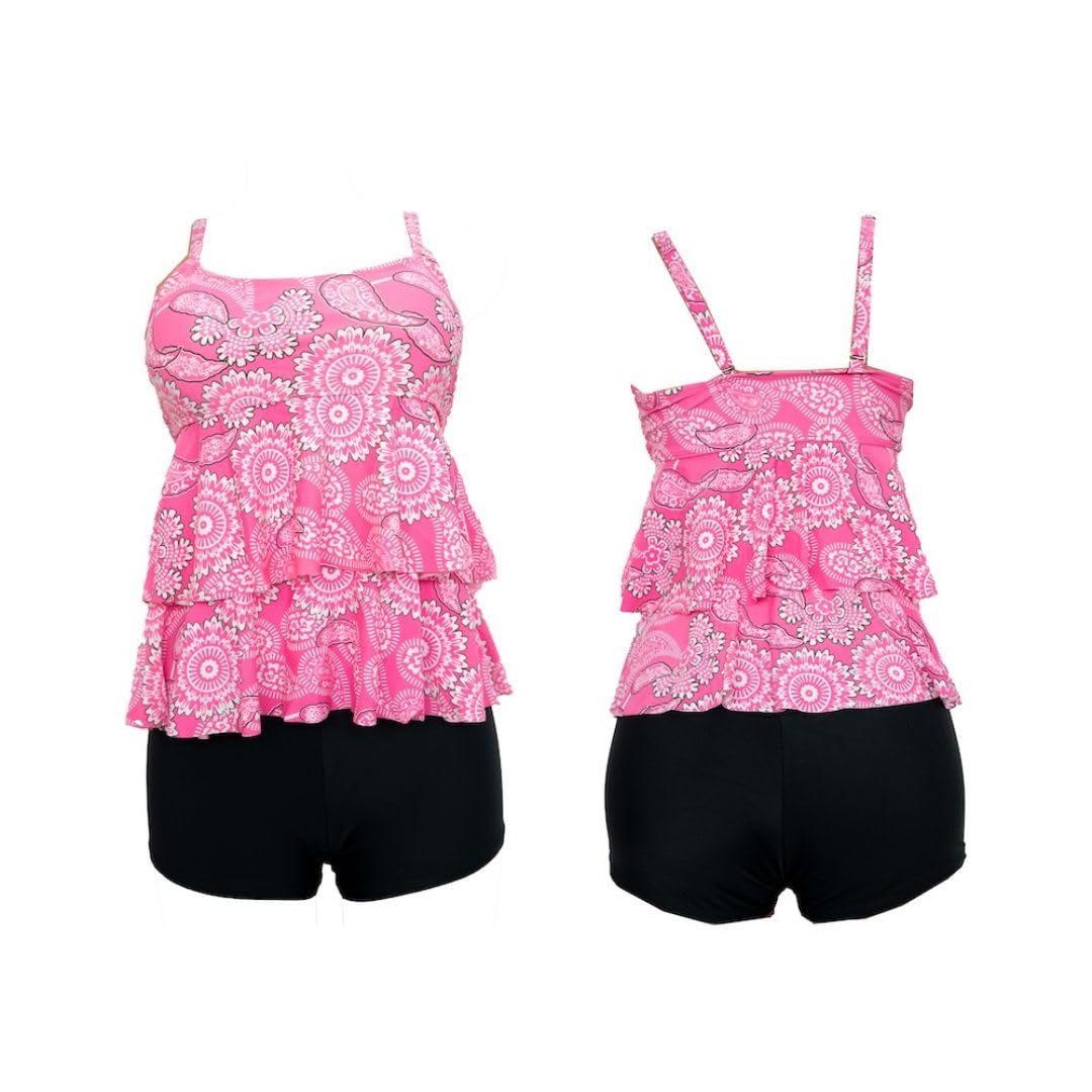 Pink Paisley Print Tankini Swimsuit Set with Tiered Top and Shorts