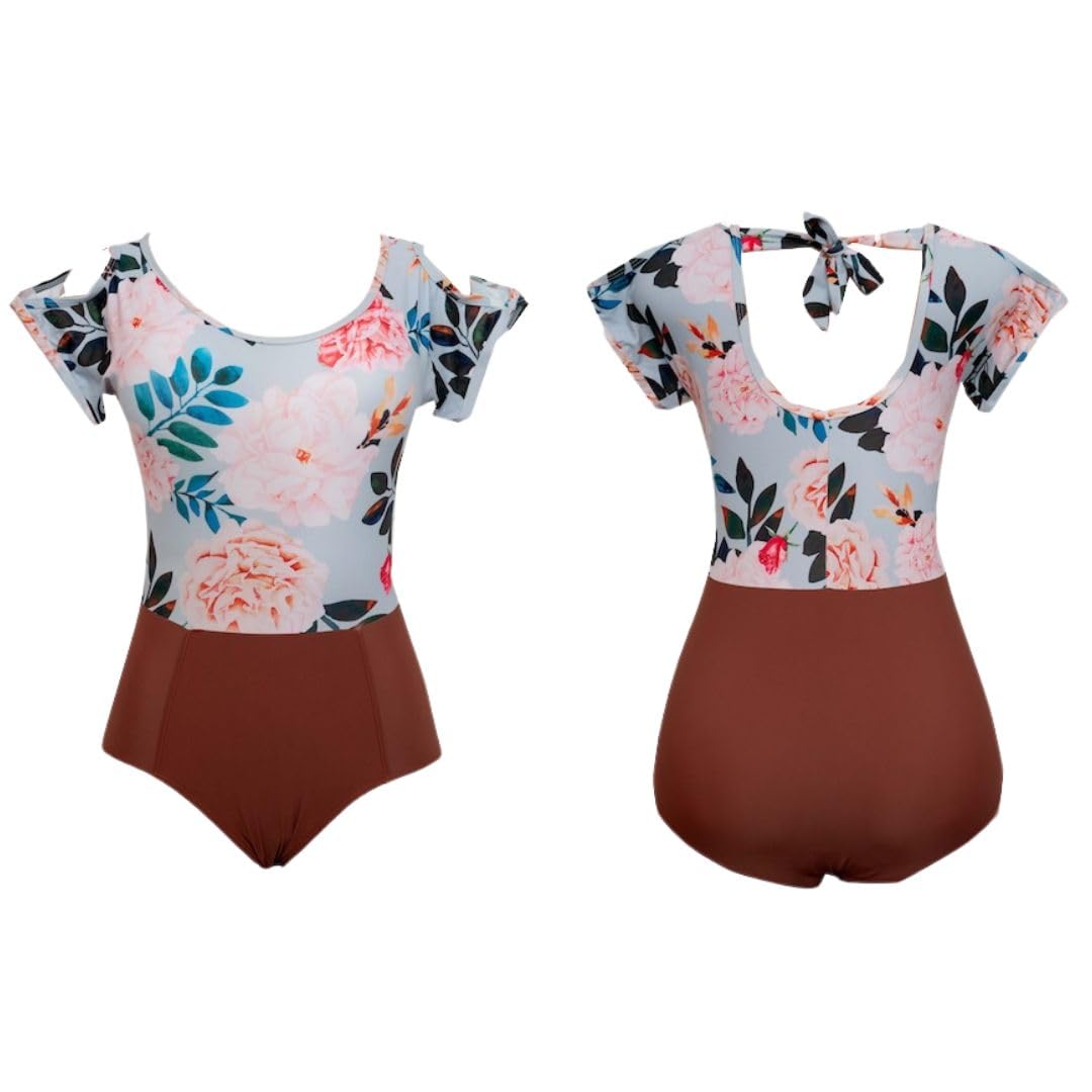 Floral Print Swimsuit with Grey Floral Top and Brown Bottoms, One Piece