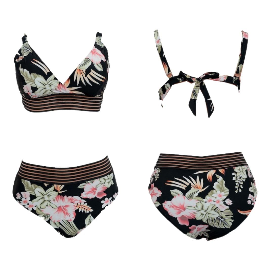 Black Floral Two-Piece Bikini Set, Bralette Top and High-Waisted Bottoms