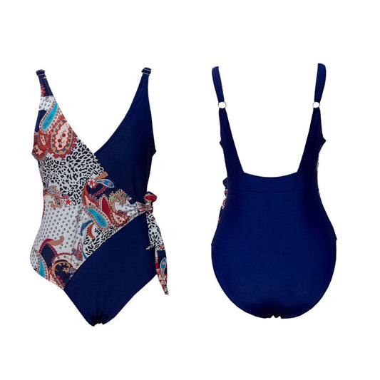 Women's Blue Paisley Print and Solid One-Piece Swimsuits
