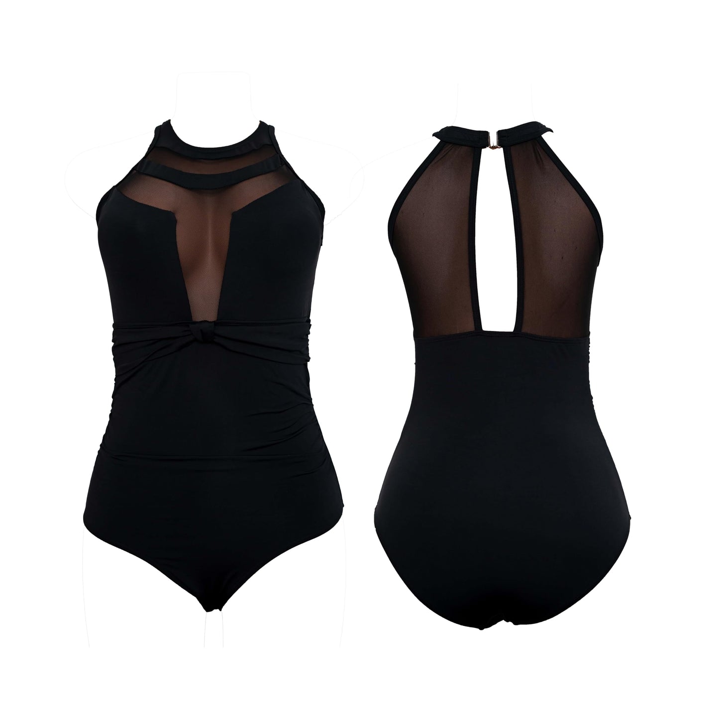 Ruched Halter One Piece Swimsuit with Mesh Cutouts, Black