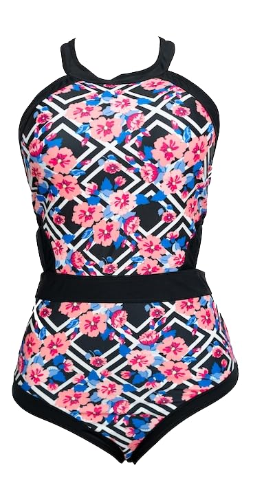 Women's Floral Print One-Piece Swimsuit, Criss-Cross Back, Black with Pink Flowers