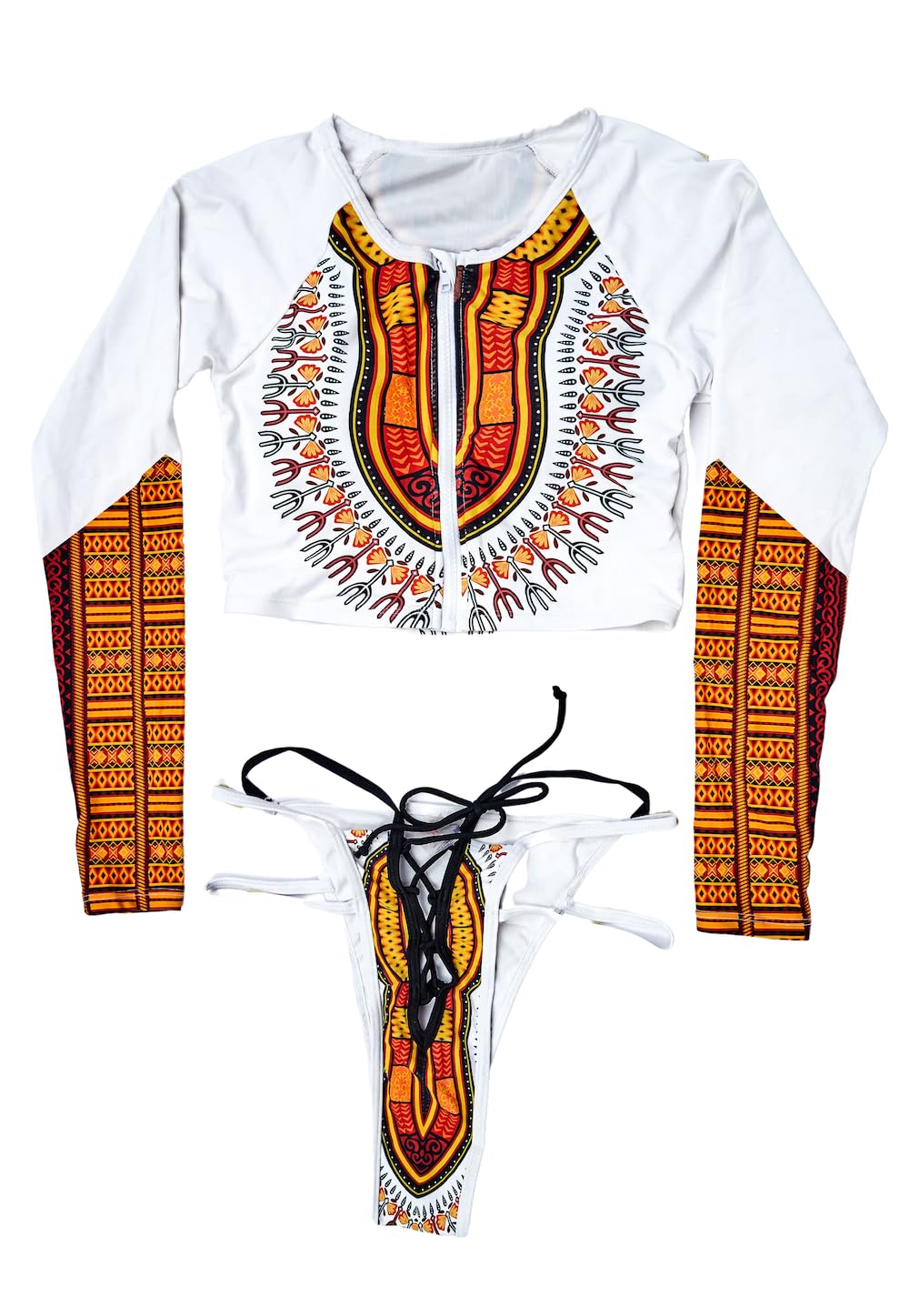 African Print Two-Piece Swimsuit, White and Orange Dashiki Pattern, Long Sleeve Crop Top with Lace-Up Bottoms