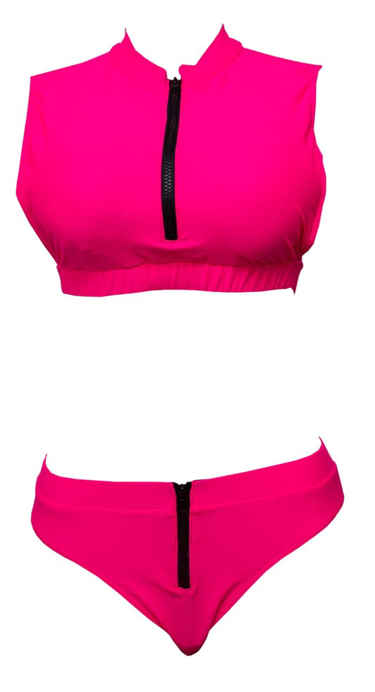 Two-Piece Swimsuit, Neon Pink, Front Zip Crop Top Bikini Set