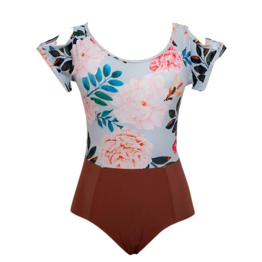 Floral Print Swimsuit with Grey Floral Top and Brown Bottoms, One Piece