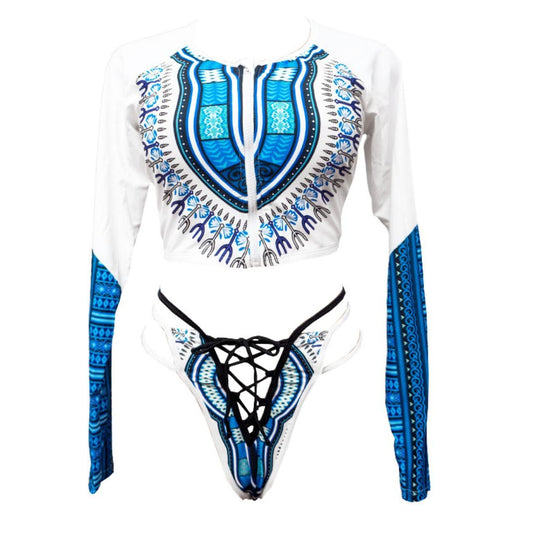 Blue and White Dashiki Lace Up Bikini