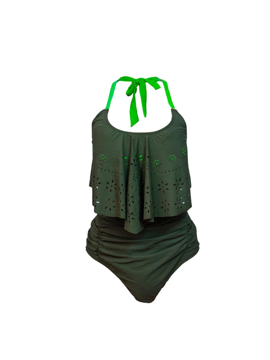 Women's Halter Neck Swimsuit, Floral Laser Cut Top with Ruched Bottom, Army Green