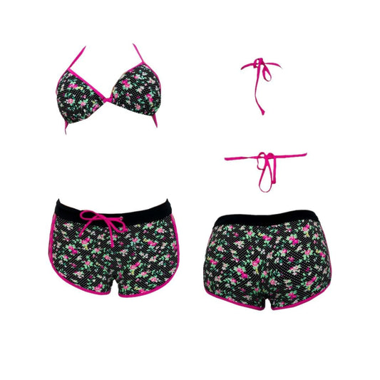 Dotted Floral Ladder Cutout Bikini Shorts Swimsuit, Black and Pink