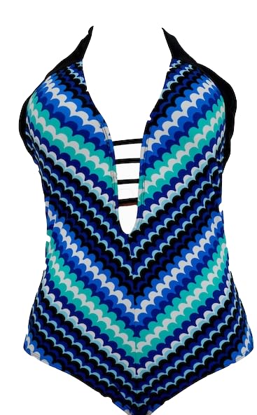 Women's Chevron Pattern One-Piece Swimsuit, Halter Neck Design, Blue and Turquoise