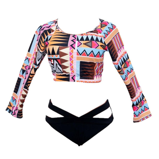 Geometric Print Long Sleeve Crop Top and Bandage Bikini Bottom, Multi-Color