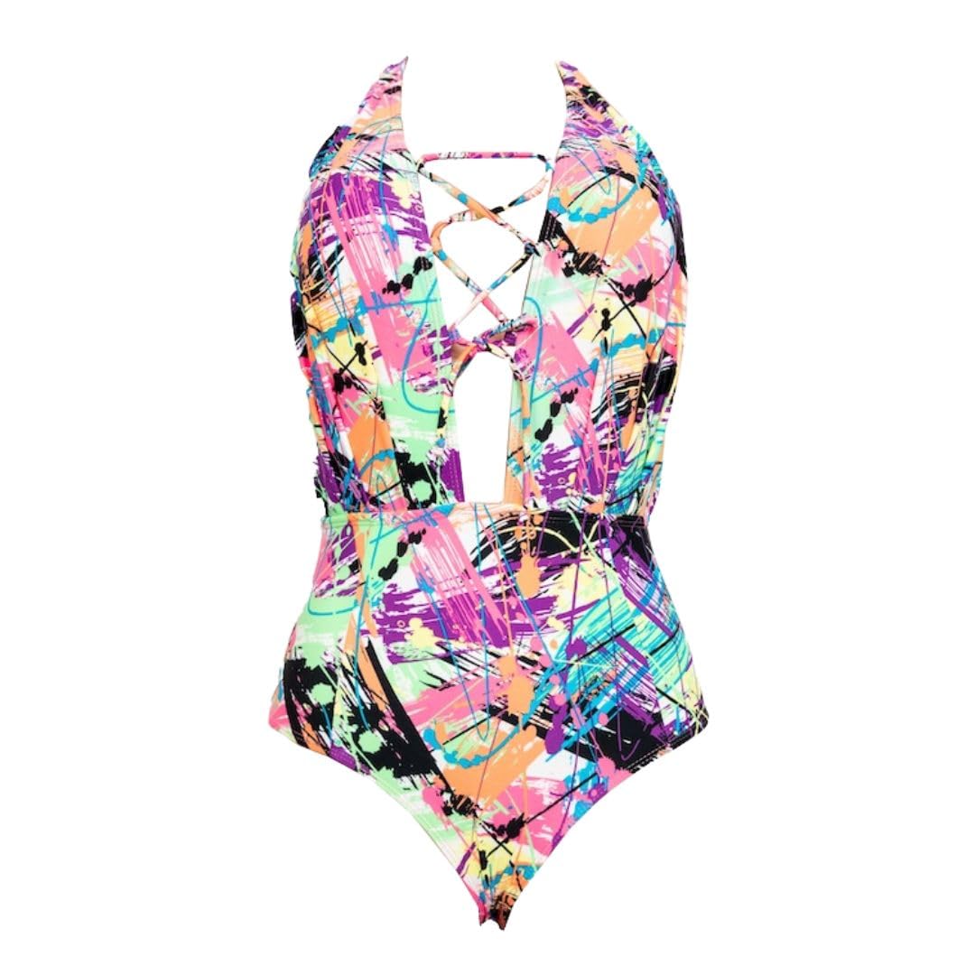 Multicoloured Abstract Print Swimsuit, Halter Neck
