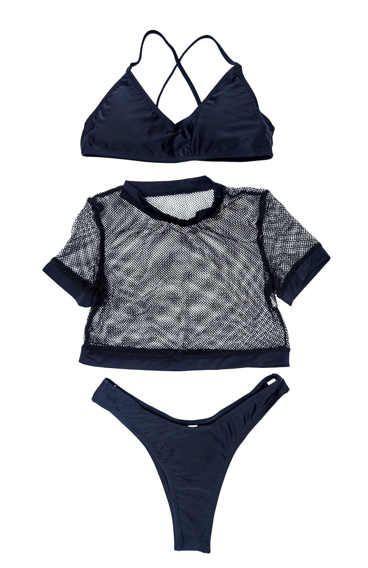 3-Piece Black Fishnet Bikini Set