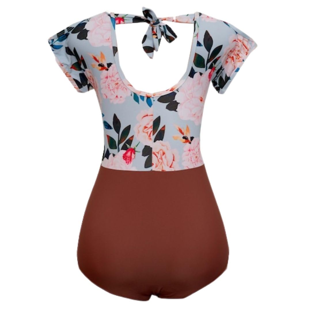 Floral Print Swimsuit with Grey Floral Top and Brown Bottoms, One Piece