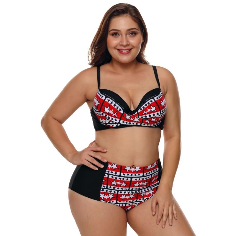 Red & White Star Print Bikini Set, Black