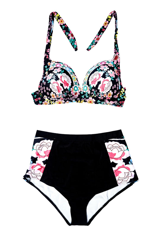 High-Waisted Floral Bikini Set, Black with Pink Rose Print, Two-Piece Swimsuit