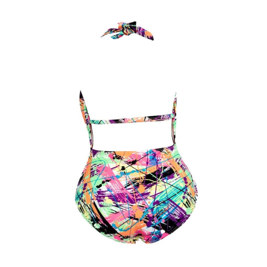 Multicoloured Abstract Print Swimsuit, Halter Neck