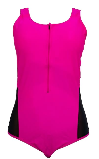 Women's One-Piece Swimsuit with Front Zip and Lace-Up Back Detail, Hot Pink and Black