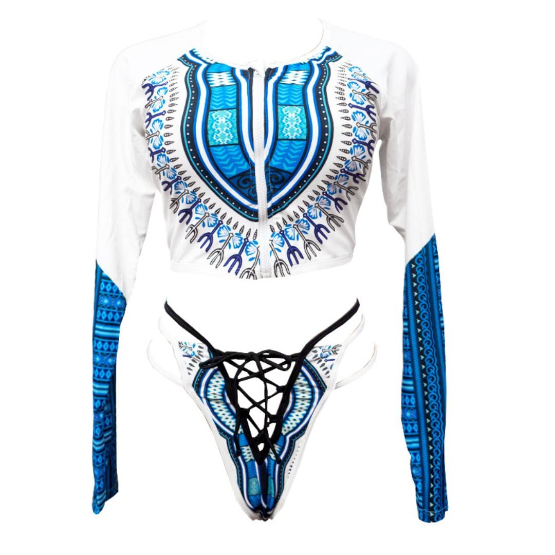 Blue and White Dashiki Lace Up Bikini