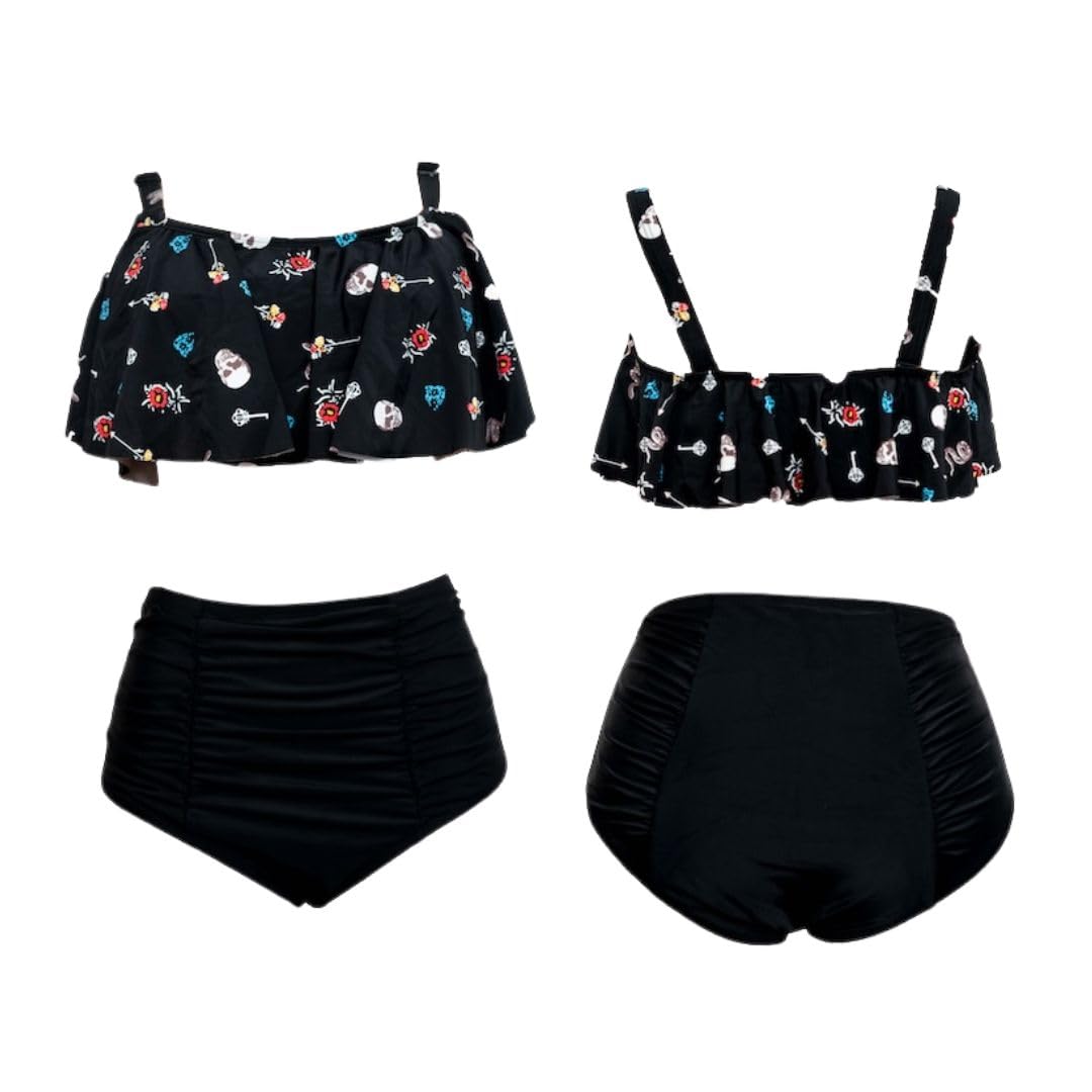 Skull & Arrow Print High-Waisted Bikini Set, Black