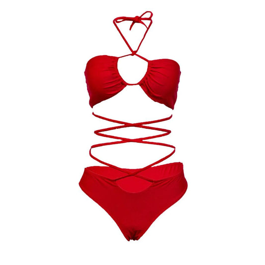 Keyhole Halter Tie Up Monokini, Red