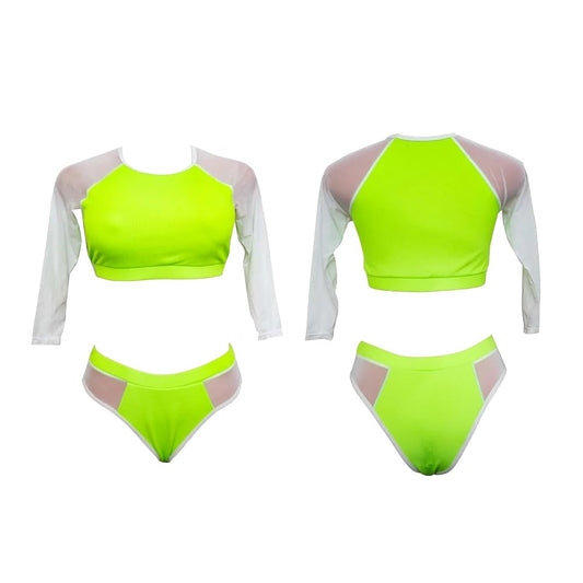 Two-Piece Long Sleeve Mesh Swim Set, Neon Green and White, Athletic Crop Top Style