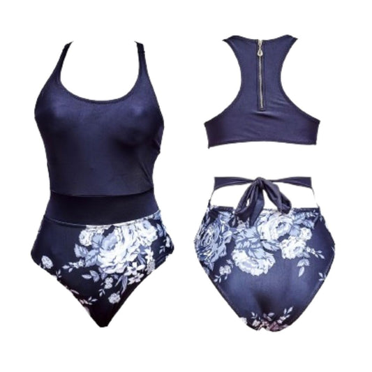 Women's Navy Blue Floral Print High-Waisted One Piece Set, 3-Piece