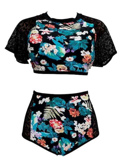 Women's Floral Print Two-Piece Swimsuit, Black Lace Sleeves, Tropical Blue Pattern, High-Waisted Bottom