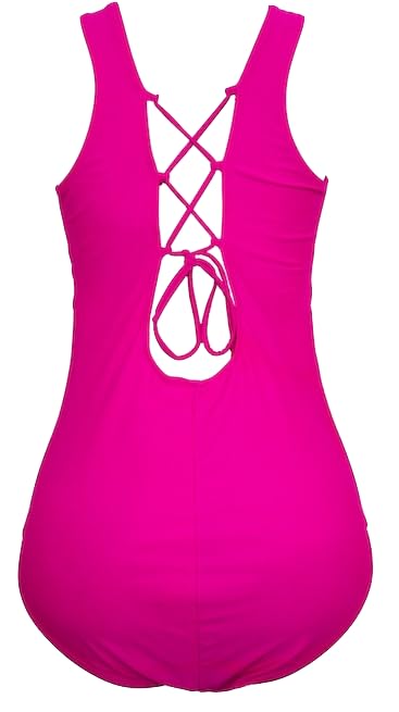 Women's One-Piece Swimsuit with Front Zip and Lace-Up Back Detail, Hot Pink and Black