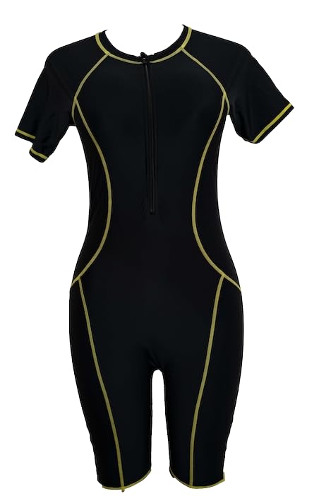Short Sleeve One-Piece Modest Swimsuit, Black with Yellow Contrast Stitching, Knee-Length
