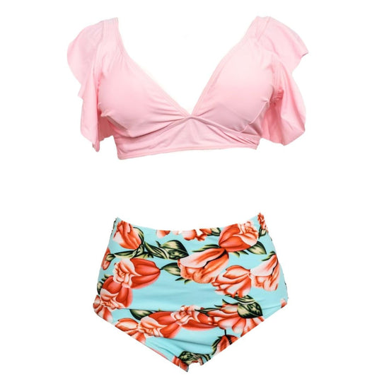 Ruffled Pink Bikini Top, Floral Print High-Waisted Bottoms - Tankini