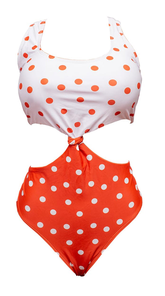 Women's Two-Piece Polka Dot Swimsuit, Orange and White, Cut-Out Design