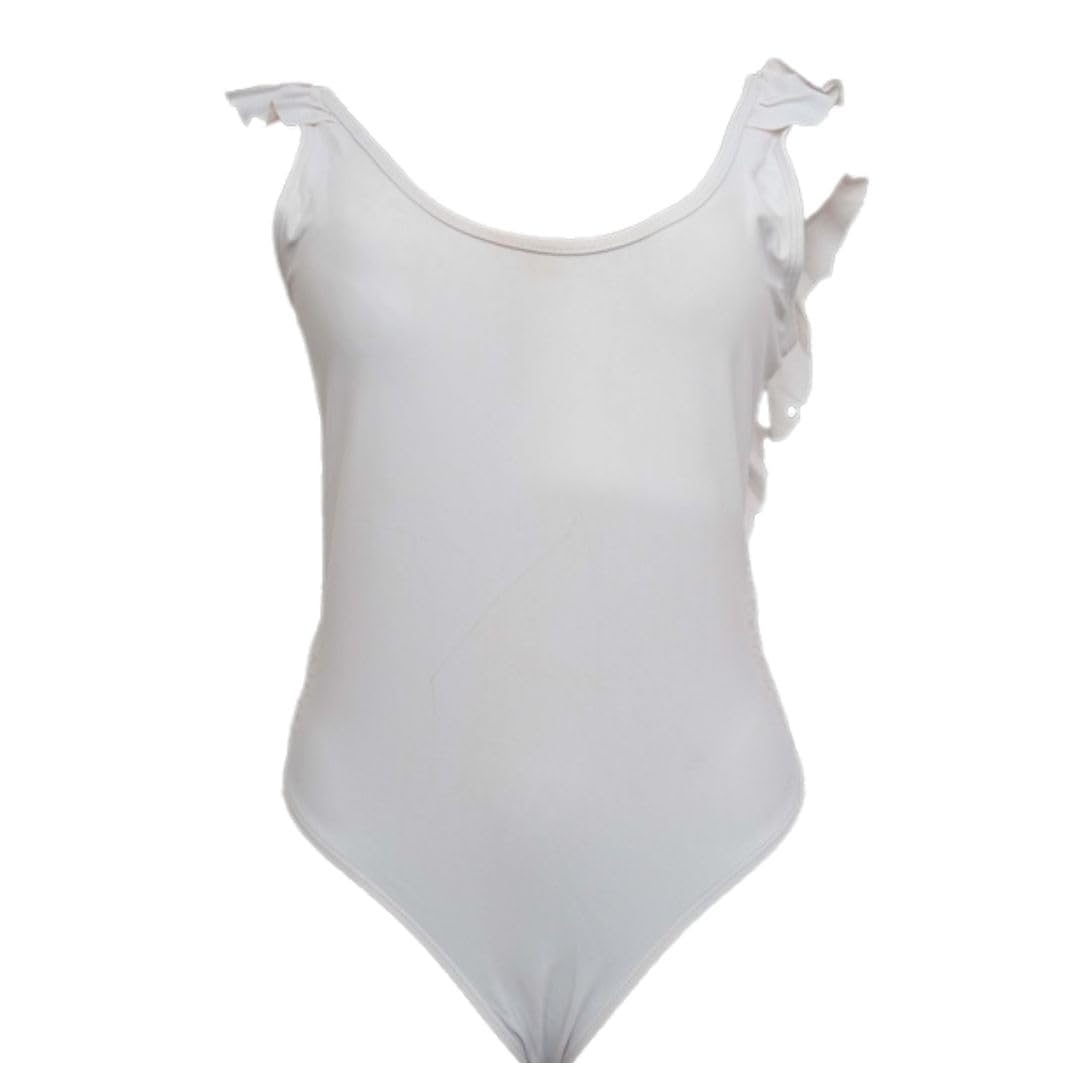 White Backless Ruffle One Piece Swimsuit, 100% Polyester