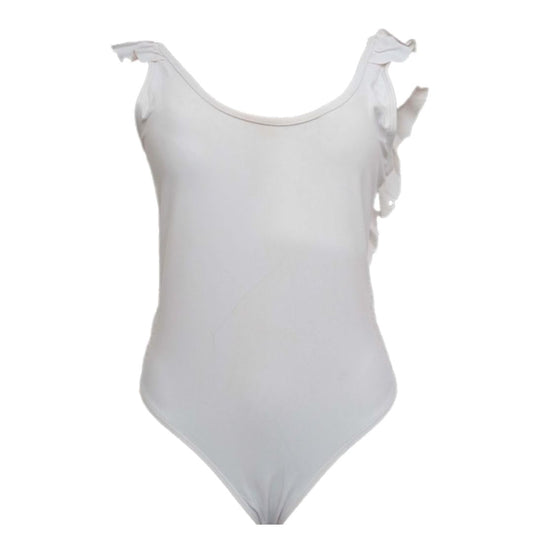 White Backless Ruffle One Piece Swimsuit, 100% Polyester