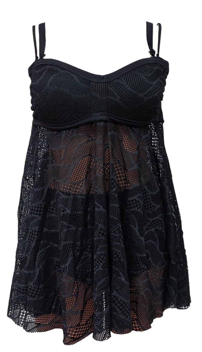 Black Lace Tankini Swimsuit with Removable Straps, Empire Waist Design