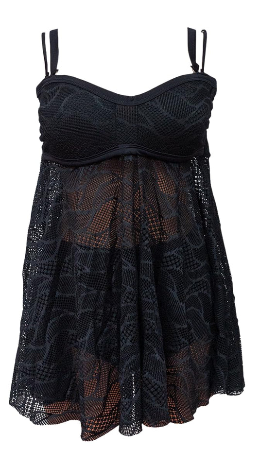 Black Lace Tankini Swimsuit with Removable Straps, Empire Waist Design