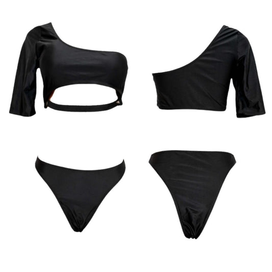 One Shoulder Black Keyhole Bikini Set, 100% Nylon