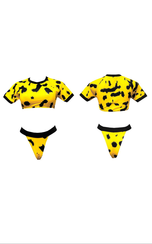 Leopard Print Crop Top and Thong Bikini Set, Yellow and Black