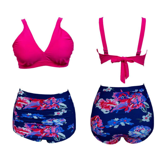 Floral Bikini Set, Pink Top, Navy Blue Floral Bottoms