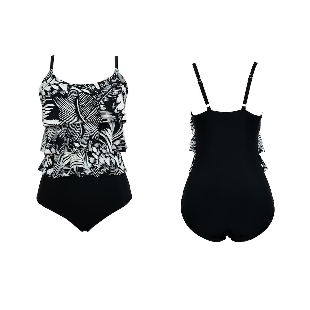 Abstract Palm Print Tankini with Ruffled Top and High-Waisted Bottoms, Black & White, 2-Piece Set