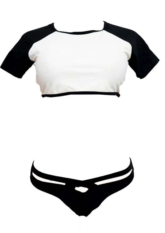 Two-Piece Swimsuit, Raglan Crop Top with Black Sleeves, White Body and Black Bikini Bottom