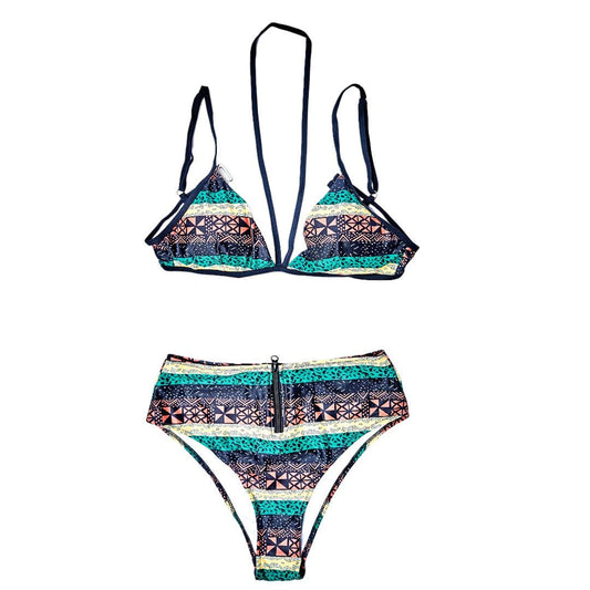 Tribal Print Multicolour Bikini Set, Triangle Bralette and High-Waist Bottoms