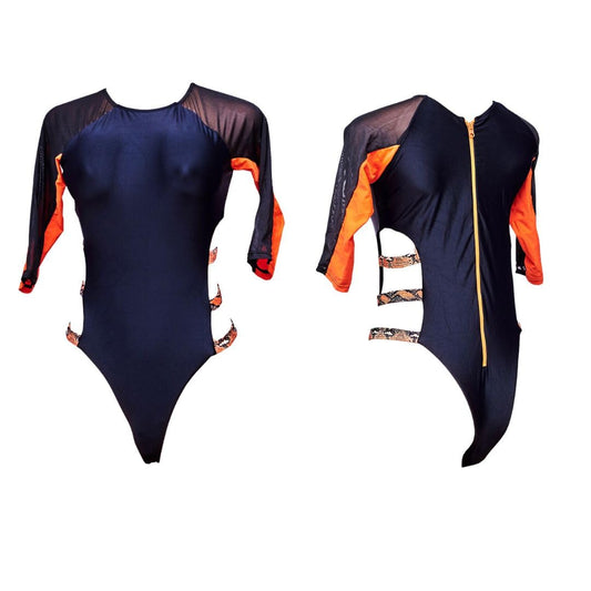 Snakeskin Cutout Zip-up Monokini, Black & Orange
