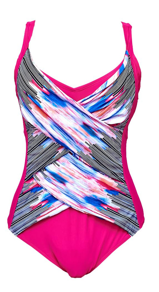 Women's Crossover One-Piece Swimsuit, Pink with Blue Pattern, Lined