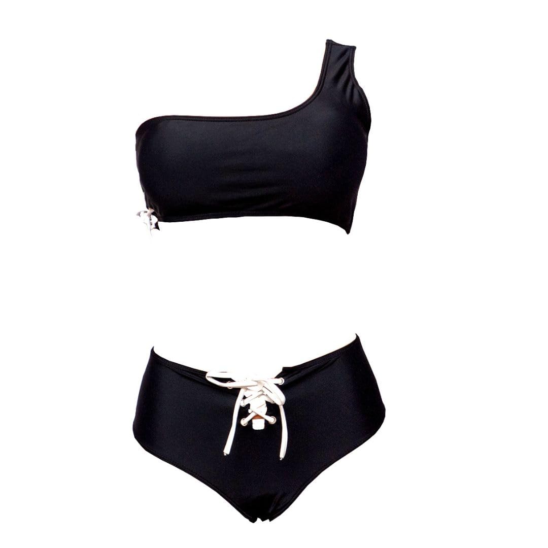 Black One Shoulder Lace Up Bikini with White Laces